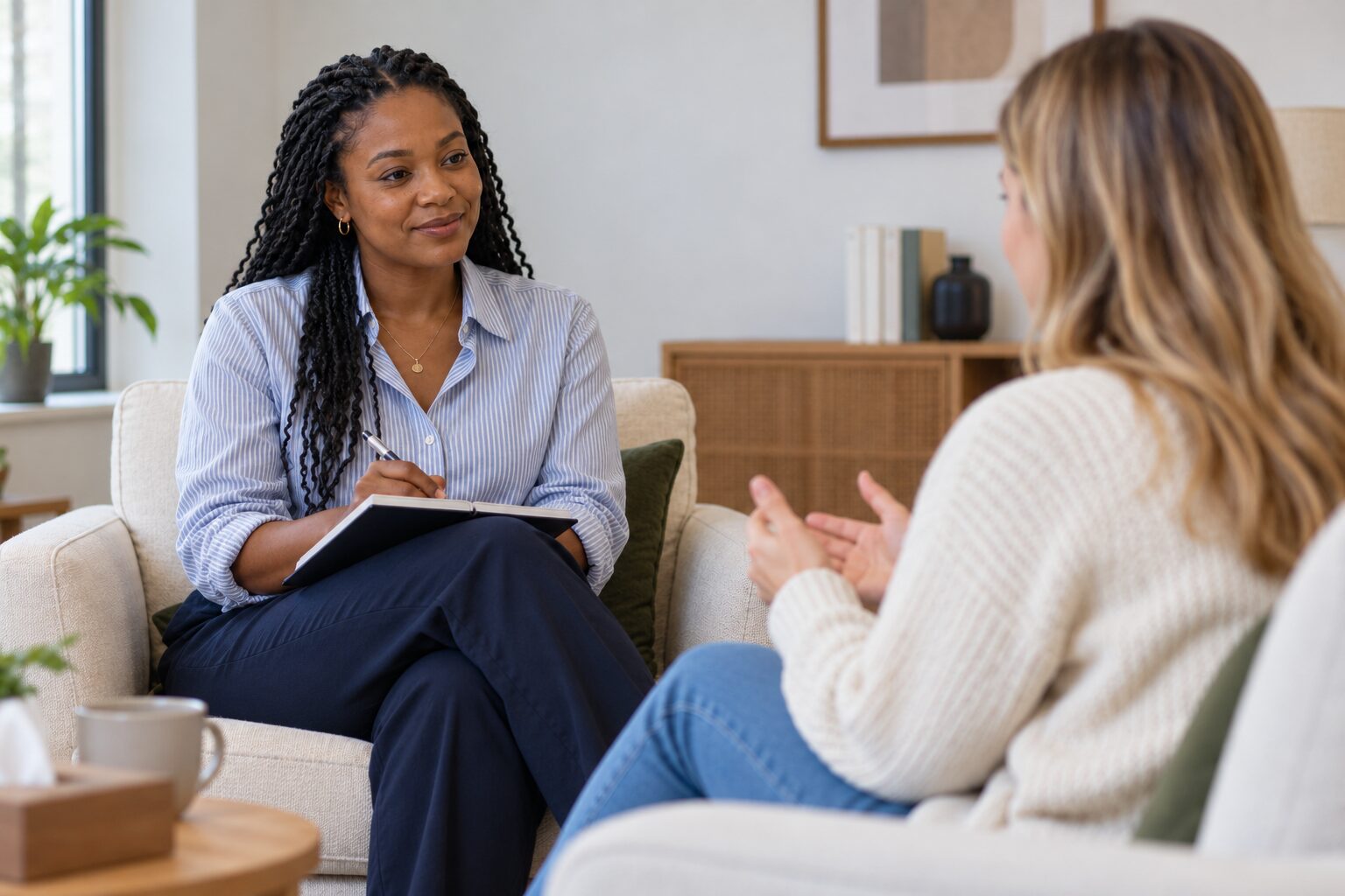 A psychologist listening to a client in the consulting room